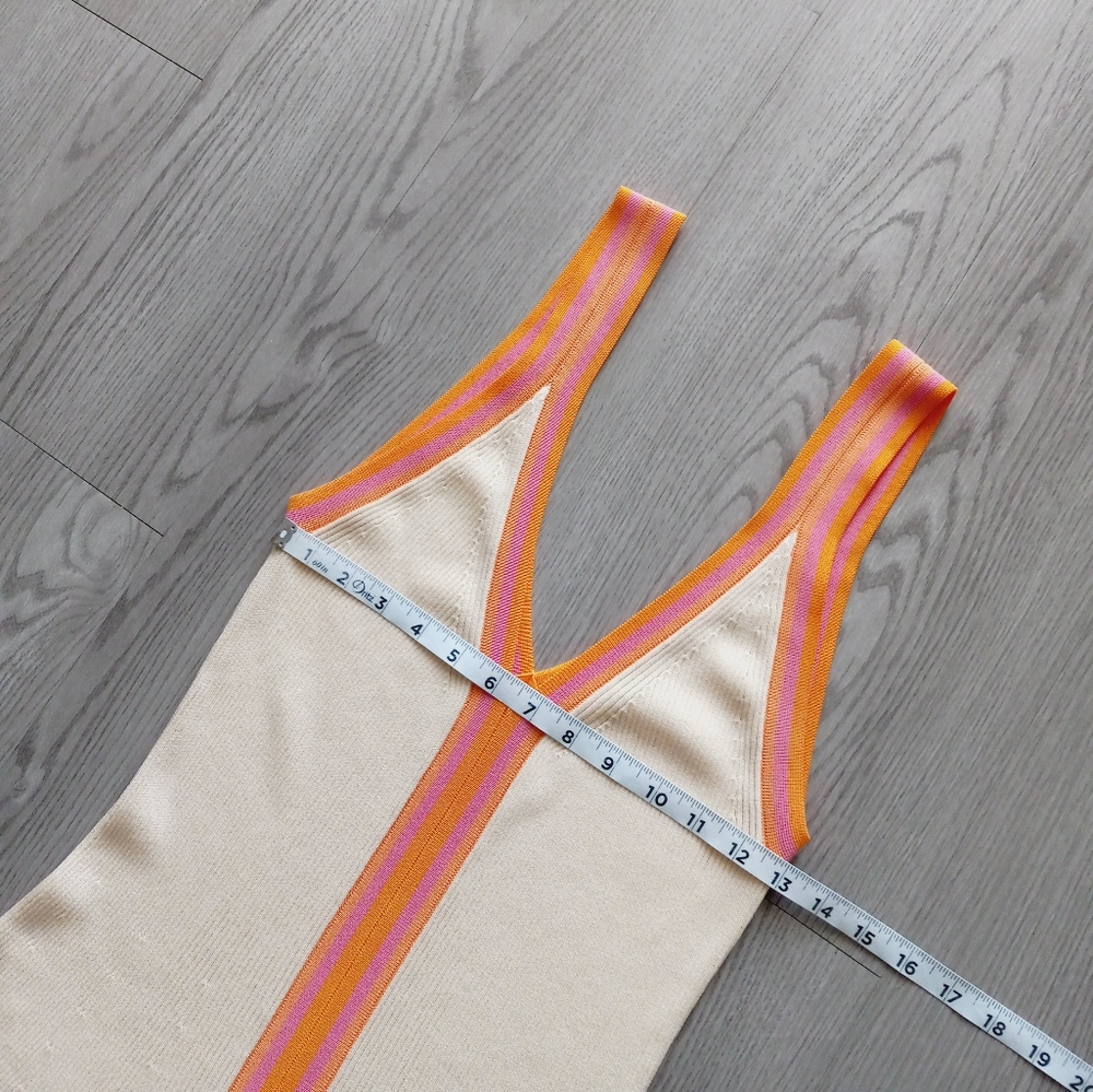 Sandro Piana V Neck Ribbed Midi Dress Ecru Orange Boarder Stripe 42 - Picture 12 of 16